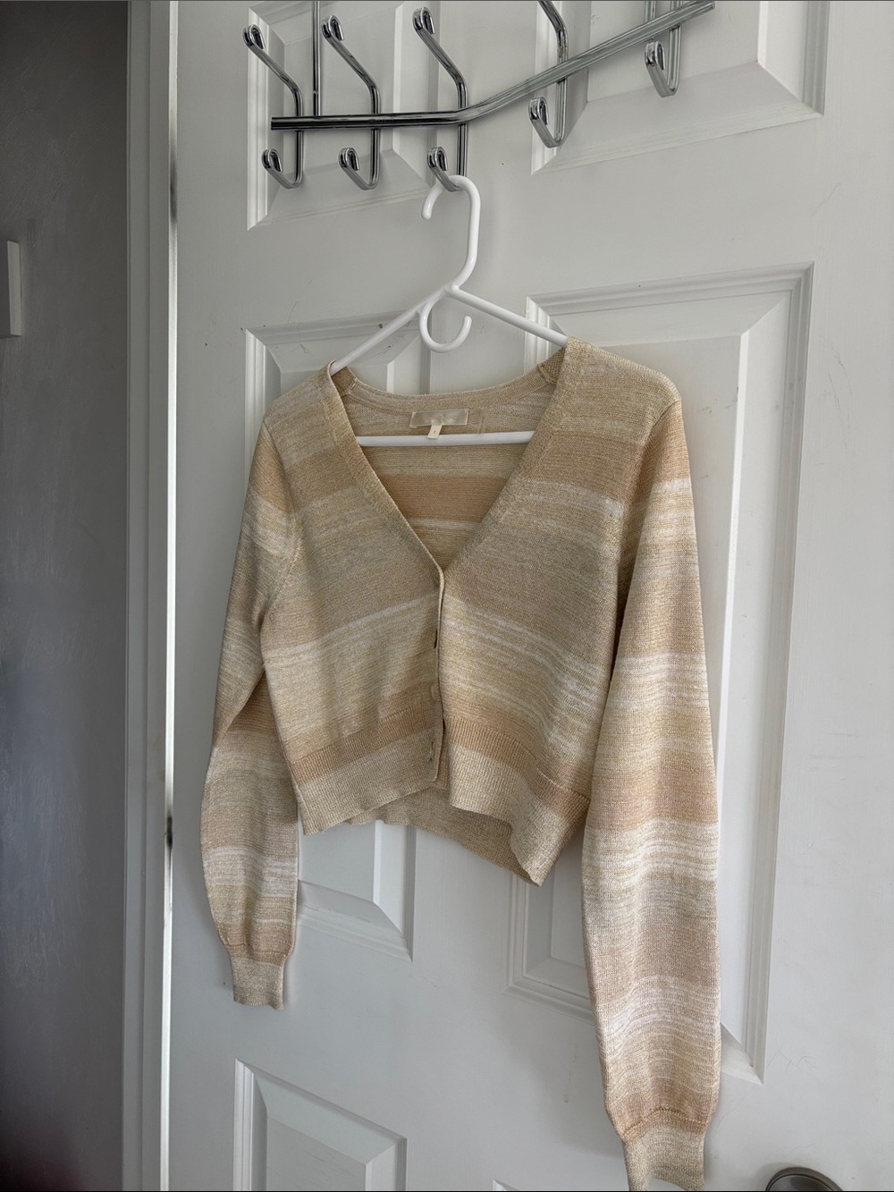 LoveShackFancy Cream and Beige Striped Cropped V-Neck Cardigan